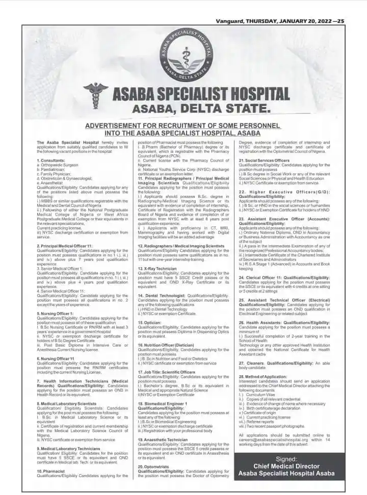 Asaba Specialist Hospital Massive Job Recruitment for Graduates and Non-Graduate, asaba specialist hospital recruitment