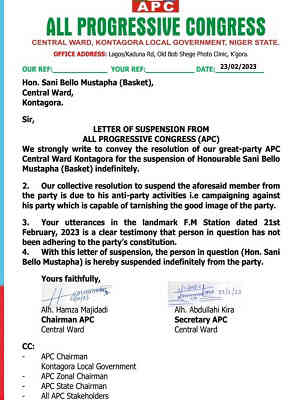 APC suspends Gov Sani Bello’s uncle