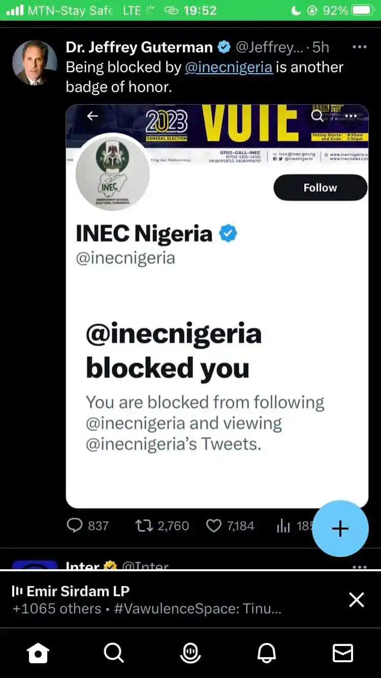 INEC begins blocking Peter Obi's supporters from viewing INEC's tweets, days after INEC attempted to manipulate IREV in favor of Tinubu to secure 25% in FCT