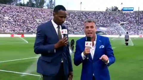 Shaka Hislop before collapsing on air ahead of a preseason friendly match between AC Milan and Real Madrid on Sunday.