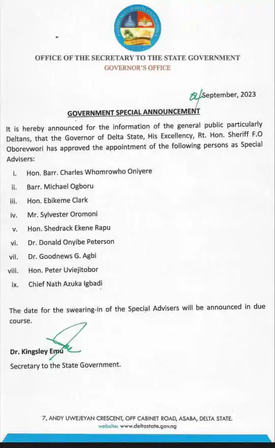 Sheriff Oborevwori Appoints New Special Advisers