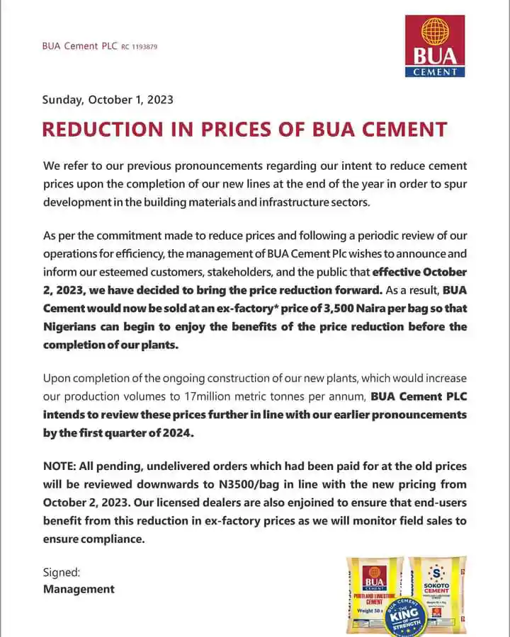 BUA reduces ex-factory cement price  to 3,500 Per Bag