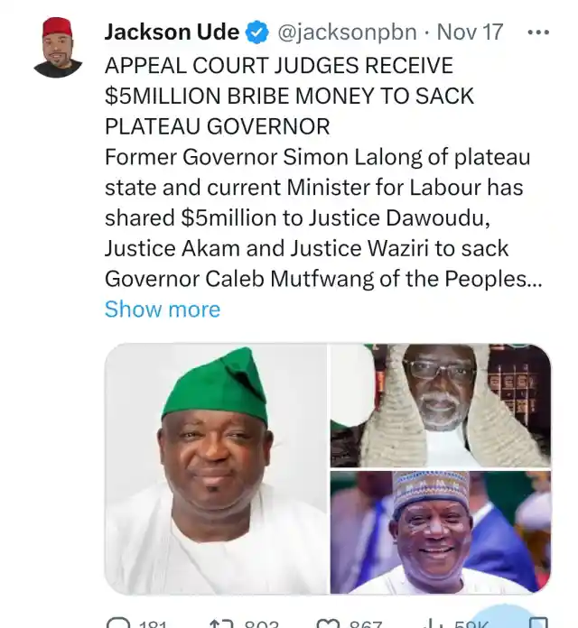 APPEAL COURT JUDGES RECEIVE $5MILLION BRIBE MONEY TO SACK PLATEAU GOVERNOR