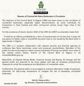 CBN statement on fake naira notes