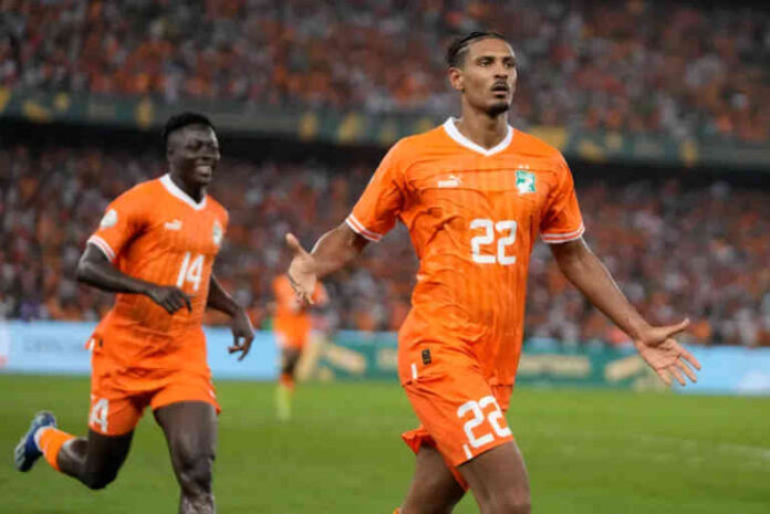 Ivory Coast ‘s Sebastien Haller celebrates after scoring his side’s second goal [Themba Hadebe/AP]