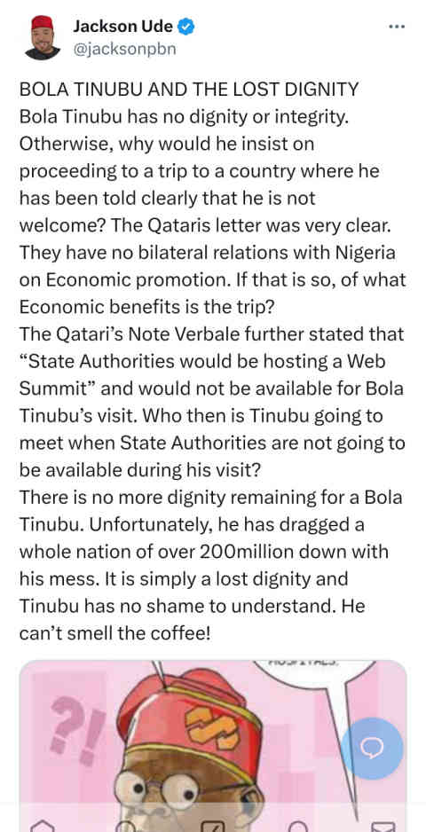 Former Presidential Aide Jackson Ude Criticizes Bola Tinubu's Qatar Trip, Decries Lack of Dignity