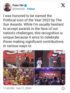 Peter Obi Receiving his Sun award