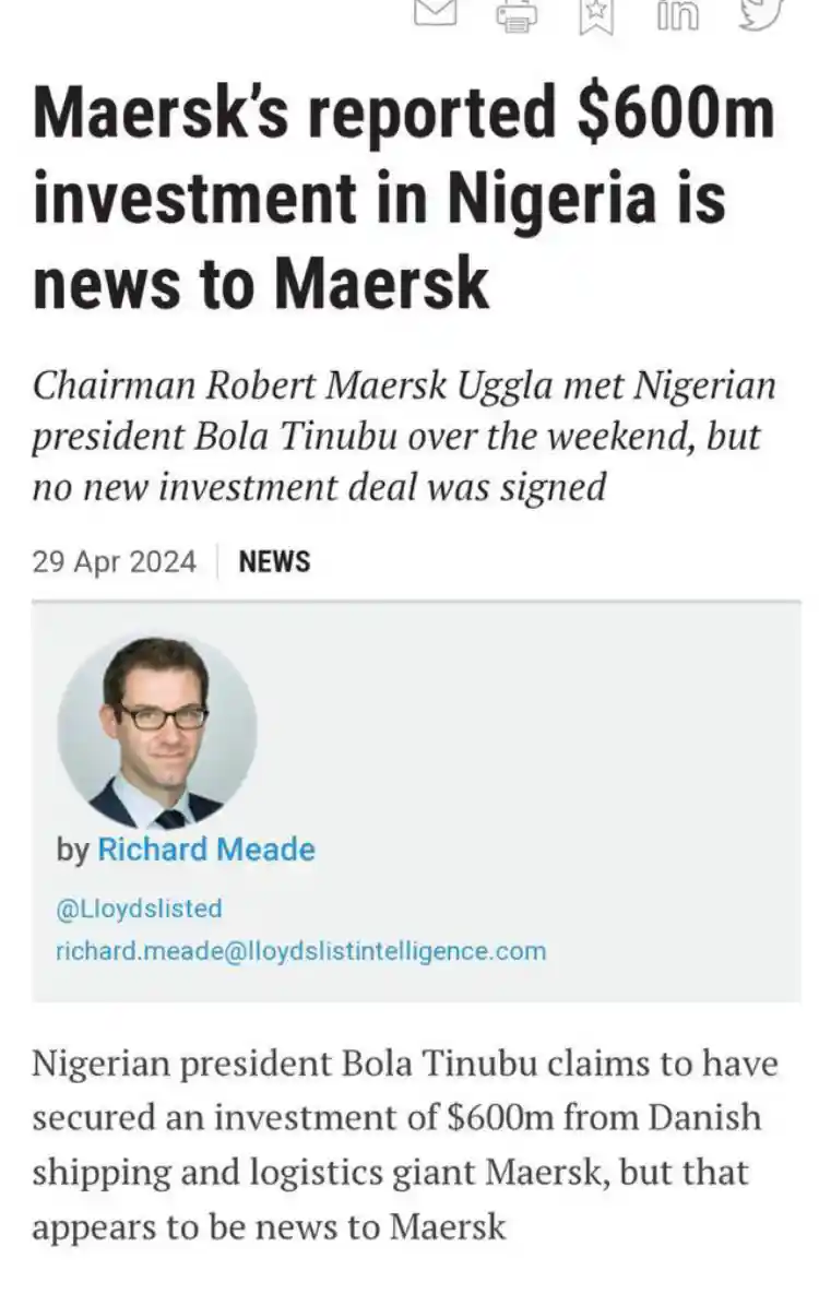 Robert Maersk Uggla held discussions with Nigerian President Bola Tinubu over the weekend, but contrary to claims by the president, no new investment deal worth $600 million was finalized. President Bola Tinubu asserted that he had secured a substantial investment of $600 million from the Danish shipping and logistics giant, Maersk. However, Maersk has contradicted these claims, stating that no such agreement has been established, and no deals have been formally signed. The announcement of the purported $600 million investment into Nigeria's port sector by President Tinubu was made during a personal statement on Sunday. It was claimed that the investment was secured during a World Economic Forum meeting held in Riyadh over the weekend. However, Maersk officials have clarified that no such agreement exists. Although the Nigerian government released a statement detailing discussions between A.P Moller-Maersk chairman Robert Maersk Uggla and President Tinubu regarding the investment, Maersk has confirmed that no deal has been finalized. While acknowledging the ongoing dialogue with the Nigerian administration, Maersk emphasized its commitment to developing growth opportunities locally but refrained from commenting on specific investment talks. The timing of Maersk's response coincides with its upcoming first-quarter results report, restricting management from making public statements about the company's activities. Nigeria has pledged to enhance its ports' infrastructure, including those in Lagos, to alleviate congestion. President Tinubu highlighted his government's support for port modernization and automation to enhance trade efficiency and combat corruption. He asserted that the purported Maersk investment would complement the administration's existing $1 billion investment in seaport reconstruction across Nigeria's eastern and western seaports. President Tinubu emphasized Nigeria's potential as a lucrative investment destination, advocating for more revenue expansion opportunities and minimizing trans-shipments from larger to smaller ships.