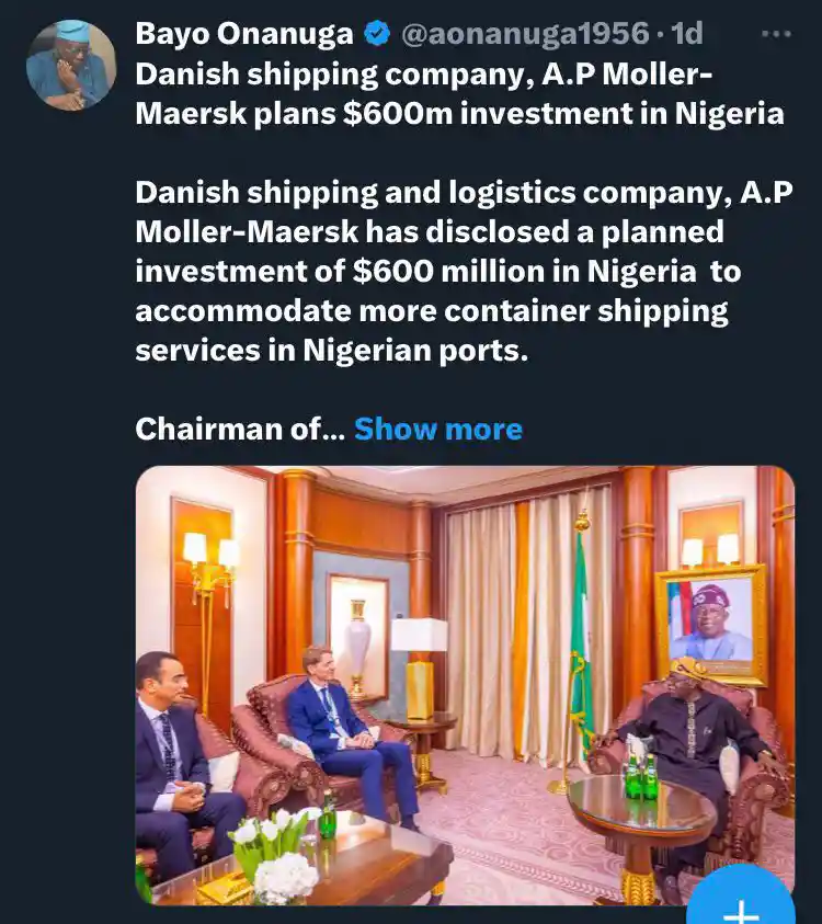 Robert Maersk Uggla held discussions with Nigerian President Bola Tinubu over the weekend, but contrary to claims by the president, no new investment deal worth $600 million was finalized. President Bola Tinubu asserted that he had secured a substantial investment of $600 million from the Danish shipping and logistics giant, Maersk. However, Maersk has contradicted these claims, stating that no such agreement has been established, and no deals have been formally signed. The announcement of the purported $600 million investment into Nigeria's port sector by President Tinubu was made during a personal statement on Sunday. It was claimed that the investment was secured during a World Economic Forum meeting held in Riyadh over the weekend. However, Maersk officials have clarified that no such agreement exists. Although the Nigerian government released a statement detailing discussions between A.P Moller-Maersk chairman Robert Maersk Uggla and President Tinubu regarding the investment, Maersk has confirmed that no deal has been finalized. While acknowledging the ongoing dialogue with the Nigerian administration, Maersk emphasized its commitment to developing growth opportunities locally but refrained from commenting on specific investment talks. The timing of Maersk's response coincides with its upcoming first-quarter results report, restricting management from making public statements about the company's activities. Nigeria has pledged to enhance its ports' infrastructure, including those in Lagos, to alleviate congestion. President Tinubu highlighted his government's support for port modernization and automation to enhance trade efficiency and combat corruption. He asserted that the purported Maersk investment would complement the administration's existing $1 billion investment in seaport reconstruction across Nigeria's eastern and western seaports. President Tinubu emphasized Nigeria's potential as a lucrative investment destination, advocating for more revenue expansion opportunities and minimizing trans-shipments from larger to smaller ships.