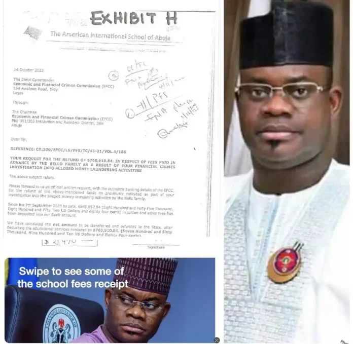 American School Contacts EFCC, Set to Refund N992m for Bello’s Children's Fees, New Details Emerge.