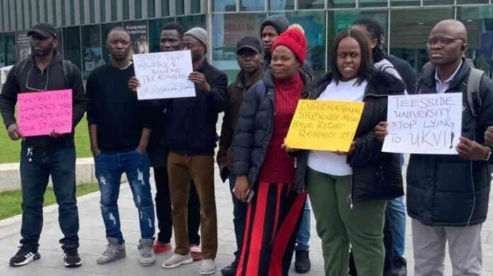 Teesside University Nigerian students protested on campus on Tuesday morning. Photo: BBC